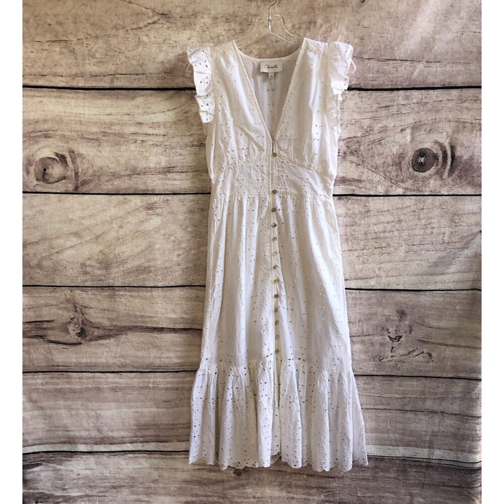Cleobella Briella Midi Dress XS Womens White Eyelet Ruffle Tiered Hem Organic